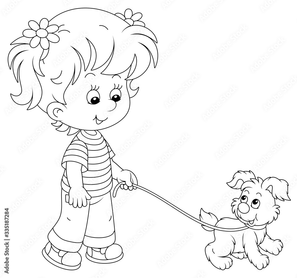 Cheerful little girl walking together with her merry small puppy, black and  white vector cartoon illustration on a white background Stock Vector |  Adobe Stock