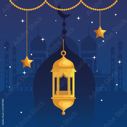 ramadan kareem poster with lantern and stars hanging vector illustration design