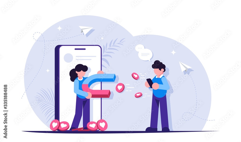 Social media marketing. Get more likes concept illustration. People with a magnet attracts likes to her social media page. People uses a mobile phone. Modern flat vector illustration.