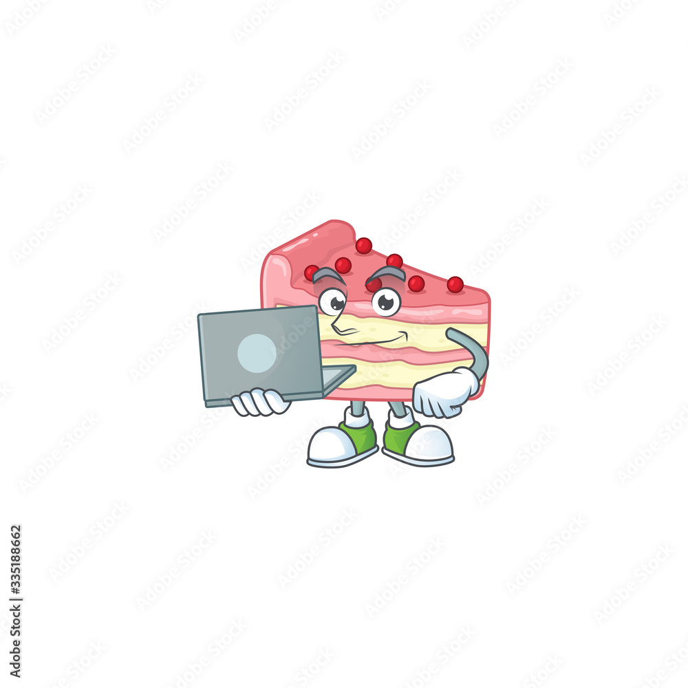 Diligent strawberry slice cake mascot design style working from home with laptop Diligent strawberry slice cake mascot design style working from home with laptop