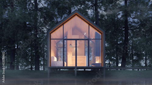 Secluded tiny house on the sandy shore of a lake with fog in a coniferous forest in the cold night light and with warm light from the Windows. Stock 3D illustration
