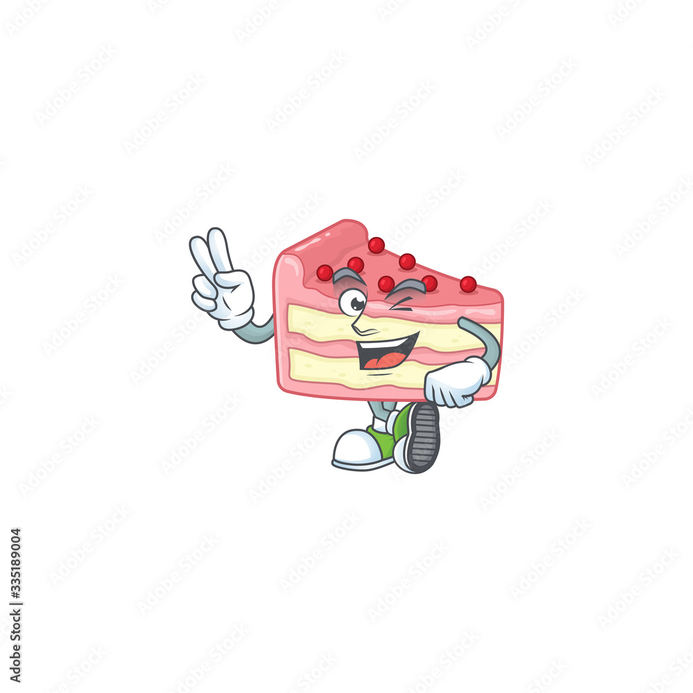 Cheerful strawberry slice cake mascot design with two fingers Cheerful strawberry slice cake mascot design with two fingers
