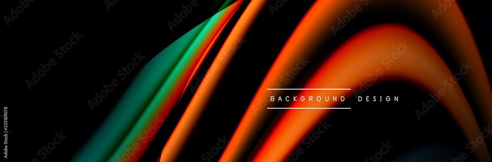 Fototapeta premium Сolorful flow poster. Wave liquid lines and shapes in black color background. Vector Illustration