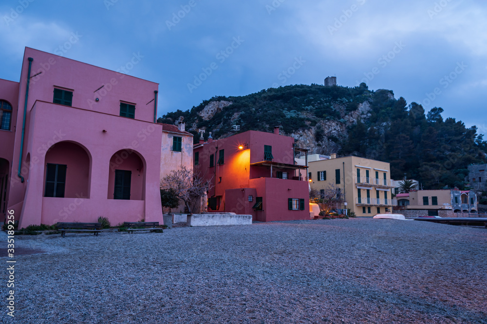Night scene in Varigotti seaside village and tourist destination in Liguria region, Italy