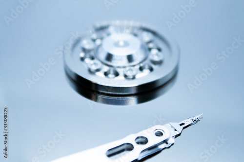 Close up of opened hard disk drive