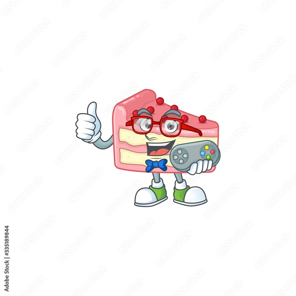 Strawberry slice cake talented gamer mascot design play game with controller