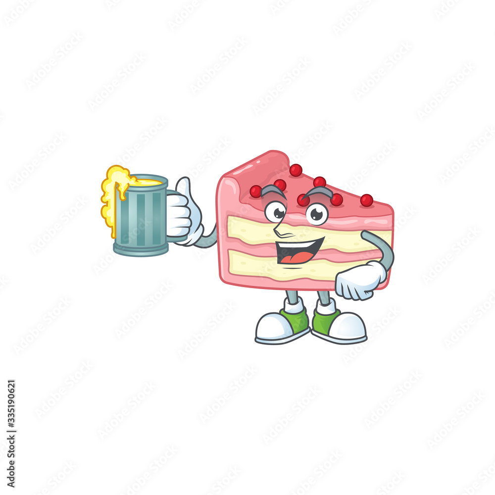 Happy strawberry slice cake mascot style toast with a glass of beer
