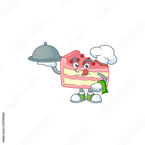 A strawberry slice cake chef cartoon design with hat and tray