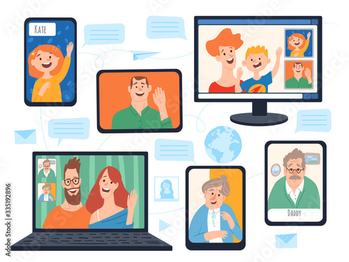 Virus home isolation vector image with happy family characters connected