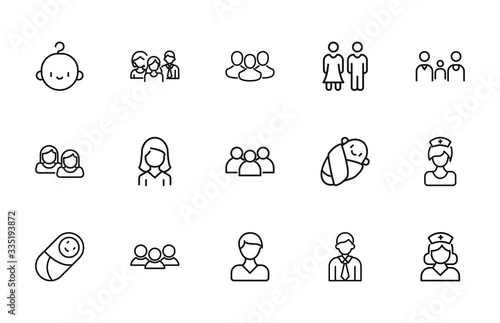 Set of people related vector line icons.