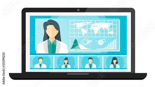 5 Panel Doctor TV Video Web Conference Teleconference. Scientist Surgeon Specialist Medical Expert Nurse Pharmacy Online Virtual Meetings. Hospital Team Remote Work Flatten The Curve COVID-19 Pandemic