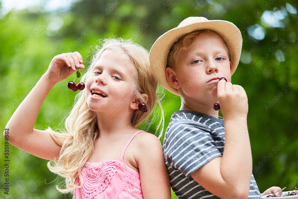 Zwei Kinder als Freunde naschen Kirschen Zwei Kinder als Freunde naschen Kirschen