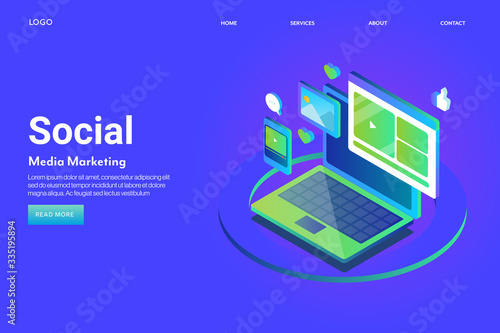 Social media, audience engagement, digital marketing concept. Business and internet technology. Isometric web banner template with text. © Sammby