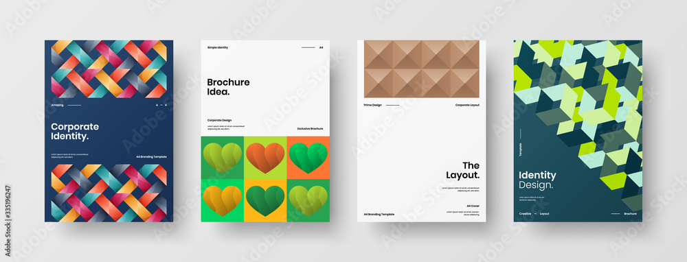Company identity brochure template collection. Business presentation vector A4 vertical orientation front page mock up set. Corporate report cover abstract geometric illustration design layout bundle. Company identity brochure template collection. Business presentation vector A4 vertical orientation front page mock up set. Corporate report cover abstract geometric illustration design layout bundle.