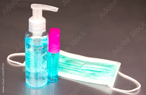prevention medical surgical masks and hand sanitizer gel for hand hygiene corona virus protection.