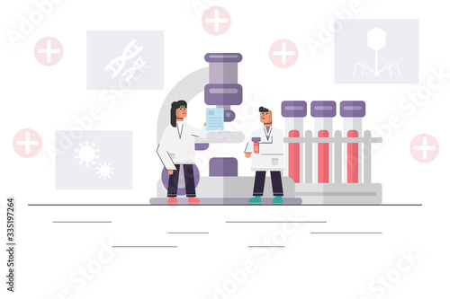 two medical scientists working on their job with big microscope, blood tubes on rack and picture of DNA, virus.