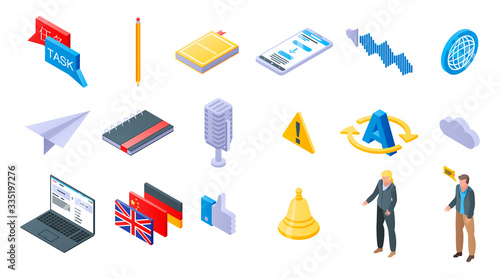 Translator icons set. Isometric set of translator vector icons for web design isolated on white background
