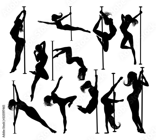A set of women pole dancing exercising for fitness in silhouette