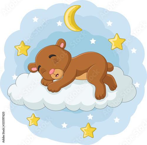 Cartoon baby bear sleeping on the clouds