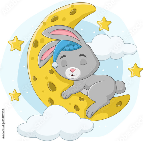 Cartoon baby rabbit sleeping on the moon