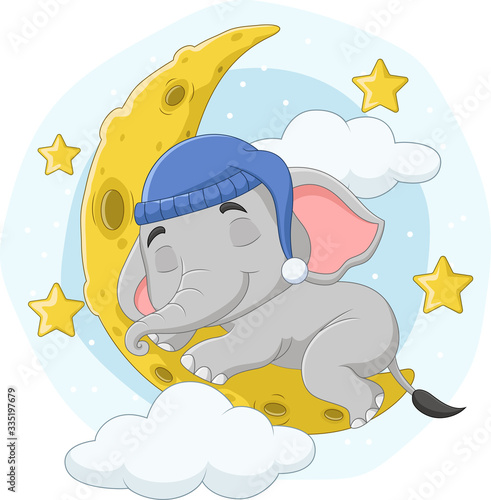 Cartoon elephant sleeping on the moon