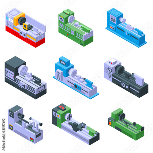 Lathe icons set. Isometric set of lathe vector icons for web design isolated on white background
