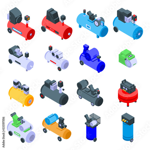 Air compressor icons set. Isometric set of air compressor vector icons for web design isolated on white background