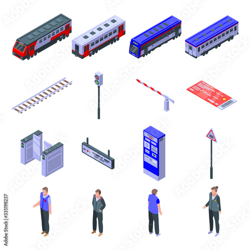 Electric train driver icons set. Isometric set of electric train driver vector icons for web design isolated on white background