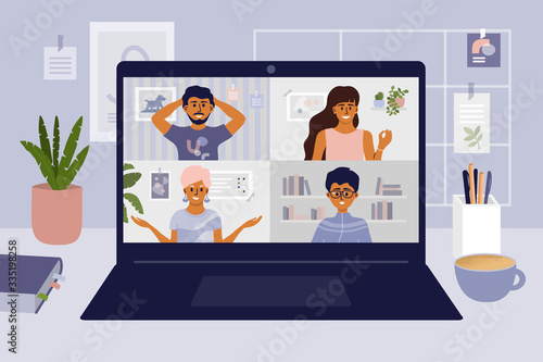 Stay and work from home. Video conference illustration. Workplace, laptop screen, group of people talking by internet. Stream, web chatting, online meeting friends. Coronavirus, quarantine isolation. 