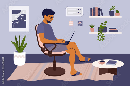 Stay and work from home concept. Man sitting on chair in living room, working online on laptop. Coronavirus quarantine isolation. Cozy interior. Lifestyle illustration of freelancer in comfy workplace
