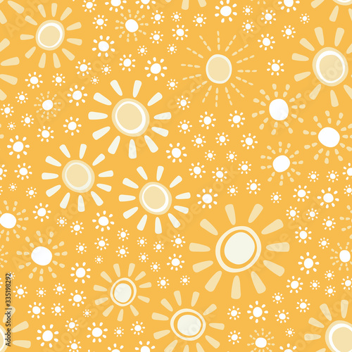 Sunshine vector pattern design. Cute and fun seamless repeat weather background in yellow.