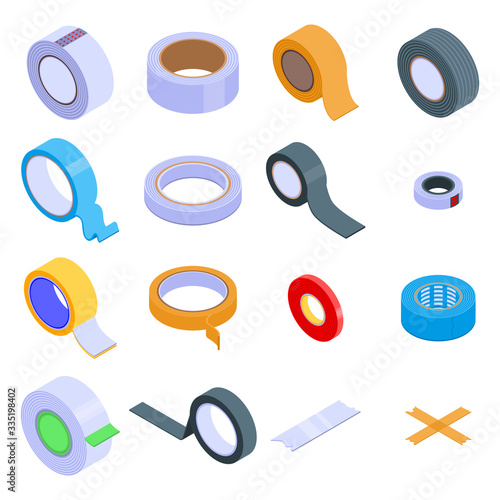 Scotch tape icons set. Isometric set of scotch tape vector icons for web design isolated on white background