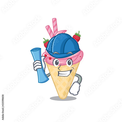 Cartoon character of strawberry ice cream brainy Architect with blue prints and blue helmet