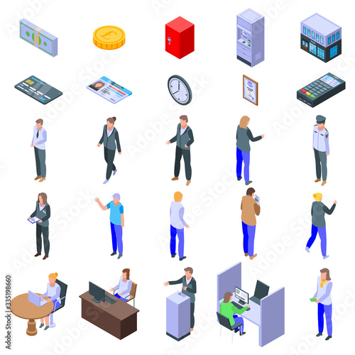 Bank teller icons set. Isometric set of bank teller vector icons for web design isolated on white background