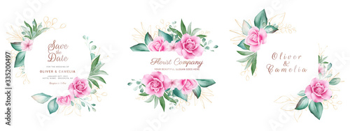 Set of watercolor floral frame. Botanic decoration illustration of roses and gold leaves. Botanic elements for wedding or greeting card design vector