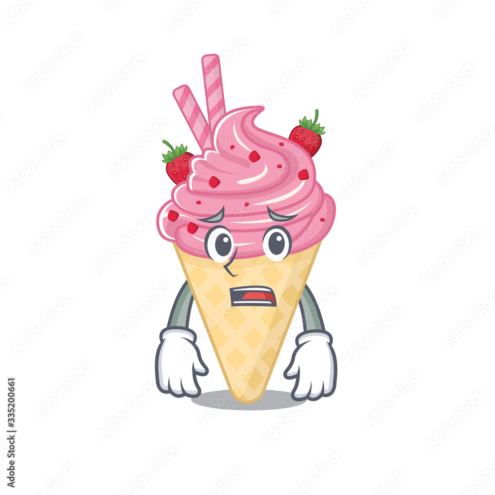 Cartoon design style of strawberry ice cream showing worried face Cartoon design style of strawberry ice cream showing worried face