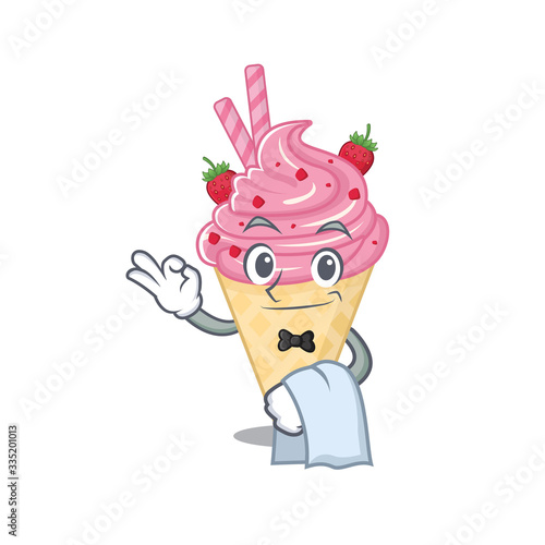 A cartoon character of strawberry ice cream waiter working in the restaurant