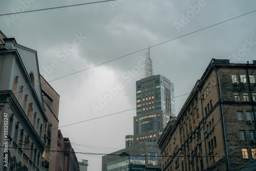 modern city landscape in rainy weather