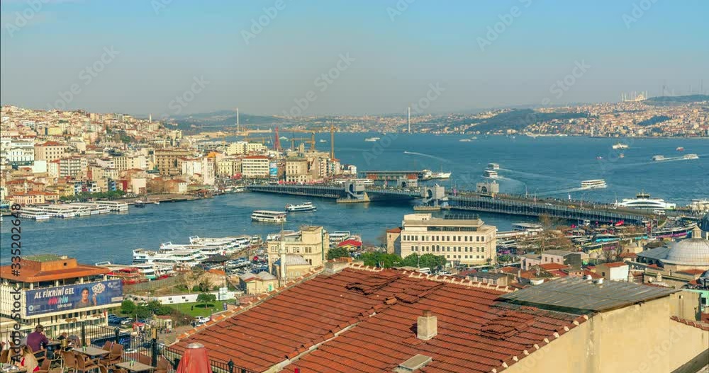 Istanbul, Turkey - March 03, 2020: Time lapse of Istanbul Golden Horn and Bosphorus View, busy traffic of passengers ship transporting local and tourists around the city. Turkey Istanbul, Turkey - March 03, 2020: Time lapse of Istanbul Golden Horn and Bosphorus View, busy traffic of passengers ship transporting local and tourists around the city. Turkey