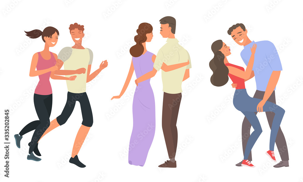 Happy smiling young couples in love dating and doing sports together vector illustration Happy smiling young couples in love dating and doing sports together vector illustration