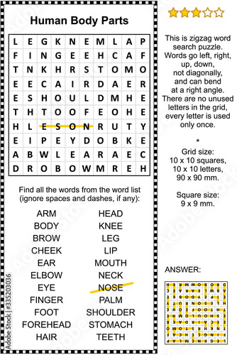 Human body parts themed zigzag word search puzzle (suitable both for kids and adults). Answer included.
