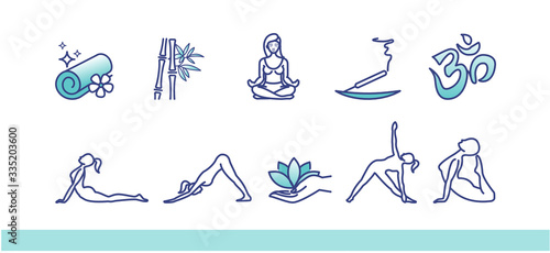 Yoga postures illustration. Woman do sport exercises. Healthy life icons