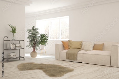 White living room with sofa. Scandinavian interior design. 3D illustration