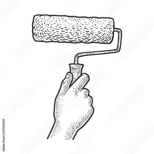 Paint roller in hand sketch engraving vector illustration. T-shirt apparel print design. Scratch board imitation. Black and white hand drawn image.