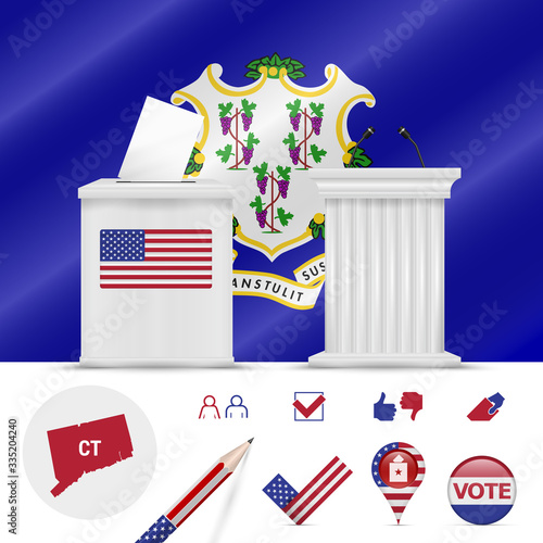 Presidential elections in Connecticut. Vector flag, ballot box, speaker's podium, map and voting icon set