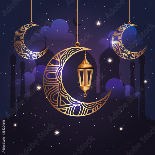 ramadan kareem poster with moons and lantern hanging vector illustration design