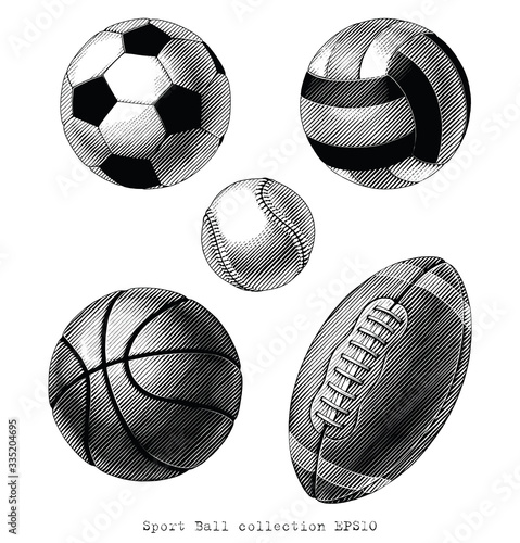 Sport Ball collection hand draw vinatge style black and white clip art isolated on white background