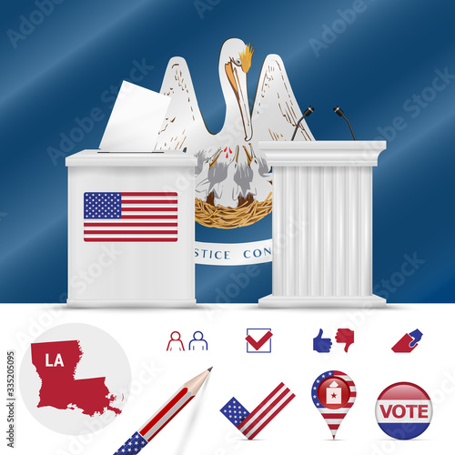 Presidential elections in Louisiana. Vector flag, ballot box, speaker's podium, map and voting icon set