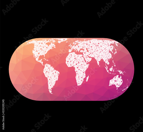 World network map. Herbert Hufnage's pseudocylindrical equal-area projection. Wired globe in Hufnagel projection on geometric low poly background. Authentic vector illustration.