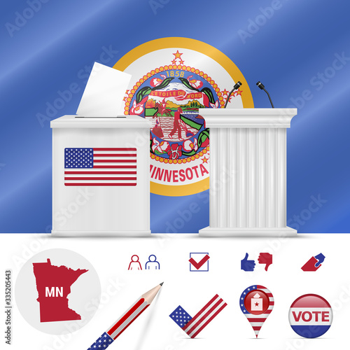 Presidential elections in Minnesota. Vector flag, ballot box, speaker's podium, map and voting icon set